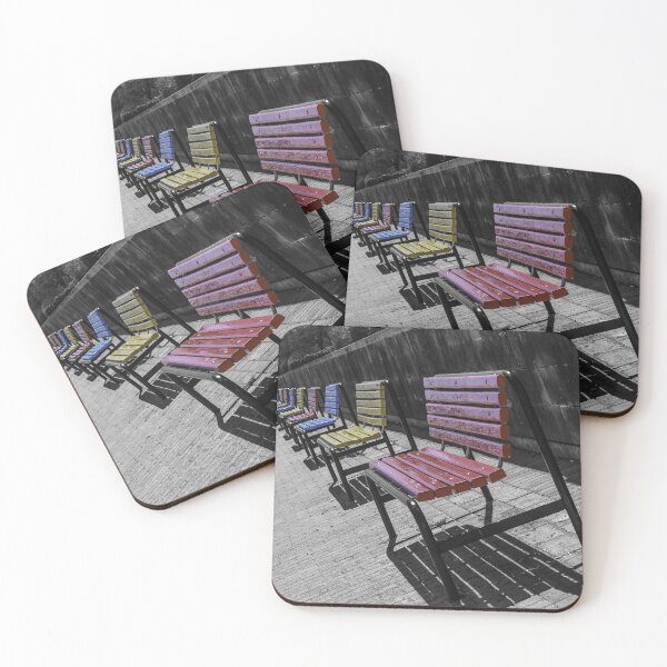 Item preview, Colorful Wooden Benches in a Row Along Urban Walkway With Strong Shadows and Selective Color designed and sold by Nmallia.