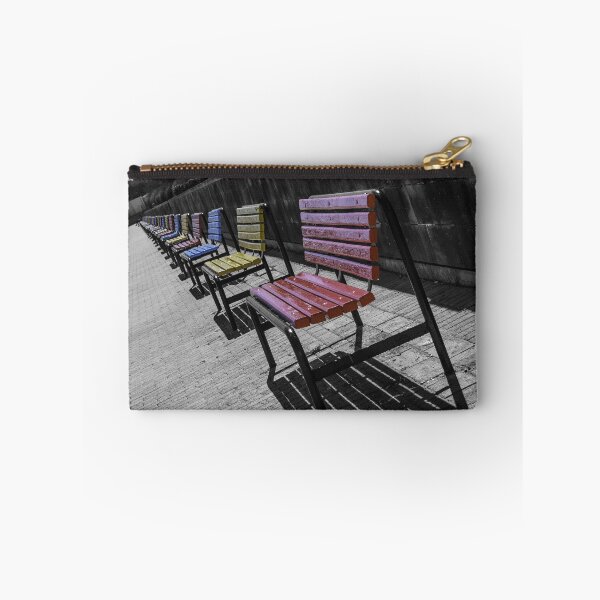 Item preview, Colorful Wooden Benches in a Row Along Urban Walkway With Strong Shadows and Selective Color designed and sold by Nmallia.