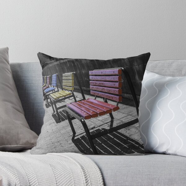 Item preview, Colorful Wooden Benches in a Row Along Urban Walkway With Strong Shadows and Selective Color designed and sold by Nmallia.