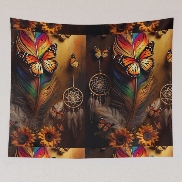 Item preview, Rainbow Monarch Butterfly Feather Art | Boho Dreamcatcher Sunflower Design designed and sold by GalleryPeak.