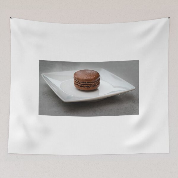 Item preview, Chocolate Macaron On A White Plate On Gray Surface Minimal Dessert Food Photography designed and sold by Nmallia.