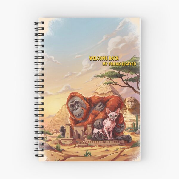 Item preview, an orangutan hugging a hairless pink cat in a desert landscape with the Great Pyramids of Giza and the Sphinx in the background designed and sold by 123ks.