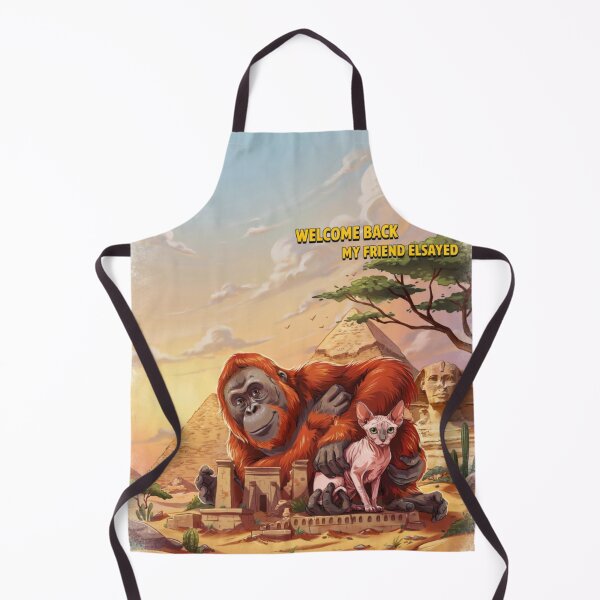 Item preview, an orangutan hugging a hairless pink cat in a desert landscape with the Great Pyramids of Giza and the Sphinx in the background designed and sold by 123ks.
