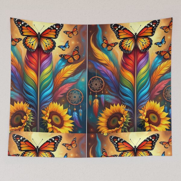 Item preview, Rainbow Monarch Butterfly Feather Art | Colorful Boho Dreamcatcher Sunflower Design designed and sold by GalleryPeak.