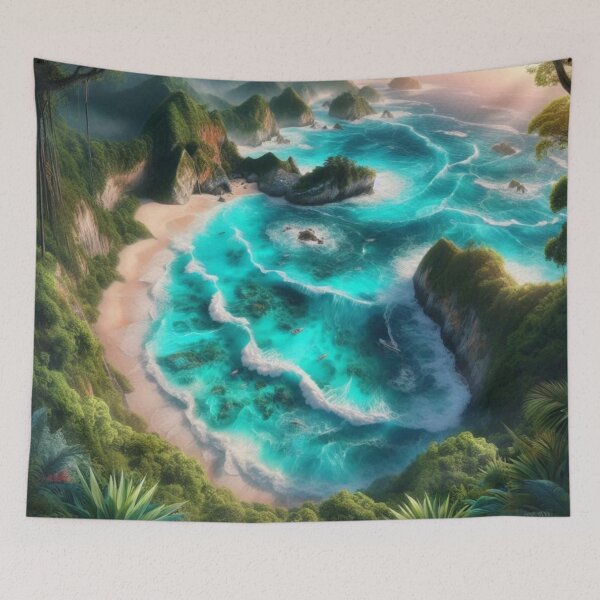 Item preview, Hidden Cove Aerial View Turquoise Ocean AI Art Canvas Print designed and sold by IRON SIREN.