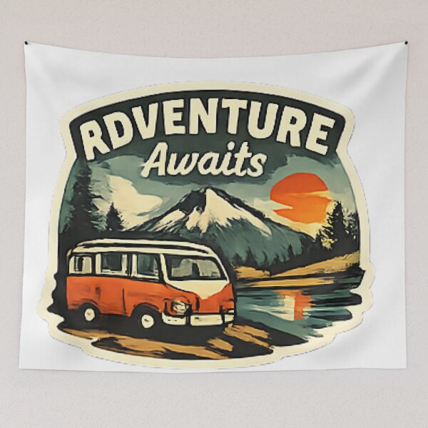 Item preview, Adventure Awaits Vintage Camper Van – Mountain Sunset Travel Design designed and sold by vansaidshop ⭐⭐⭐⭐⭐.