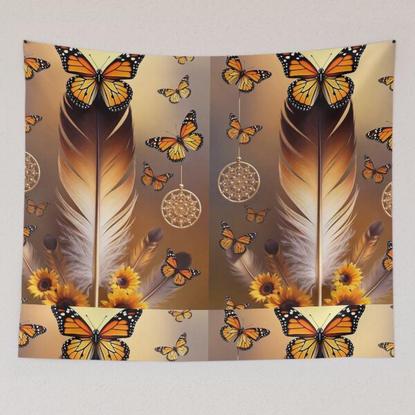 Item preview, Golden Monarch Butterfly Feather Art | Boho Sunflower Dreamcatcher Design designed and sold by GalleryPeak.