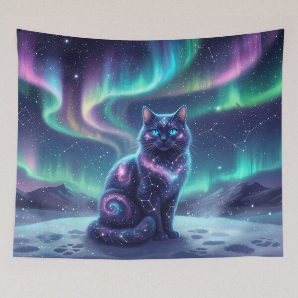 Item preview, Galaxy Cat Under Northern Lights Fantasy Space designed and sold by RkskArt.