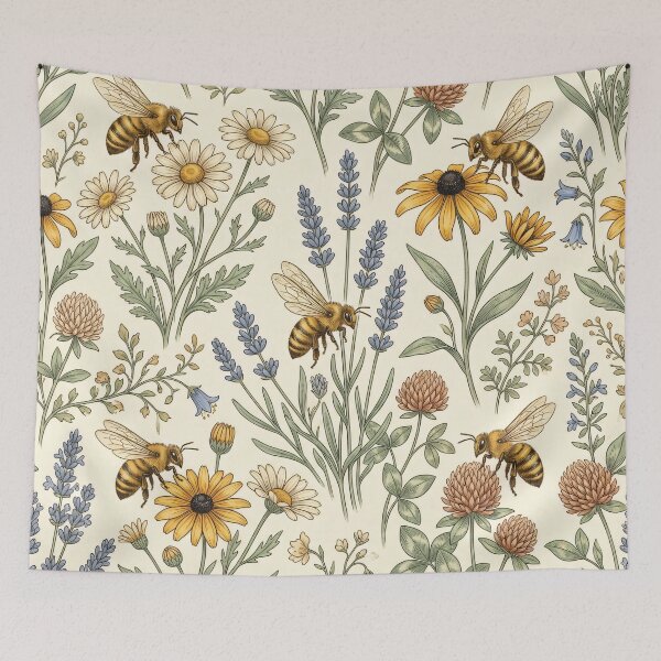 Item preview, Vintage Honeybee Wildflower Meadow Seamless Pattern designed and sold by MoonwoodStudio.