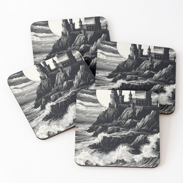 Item preview, Gothic Castle on Cliff Sea Storm Full Moon Vintage Engraving designed and sold by DarkOriginArts.