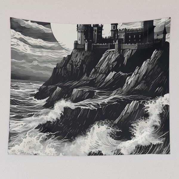 Item preview, Gothic Castle on Cliff Sea Storm Full Moon Vintage Engraving designed and sold by DarkOriginArts.