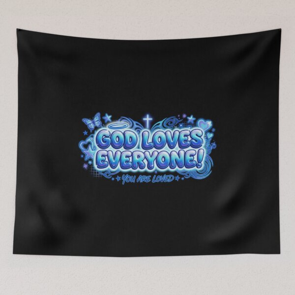 Item preview, God Loves Everyone Y2K Airbrush - Retro Blue Encouragement Graphic designed and sold by EraSwayShop.
