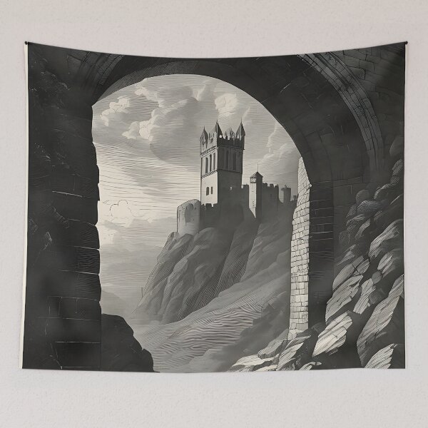 Item preview, Gothic Stone Bridge Medieval Castle Landscape Vintage Engraving designed and sold by DarkOriginArts.