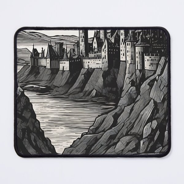 Item preview, Gothic Medieval Castle Clifftop River Vintage Engraving designed and sold by DarkOriginArts.