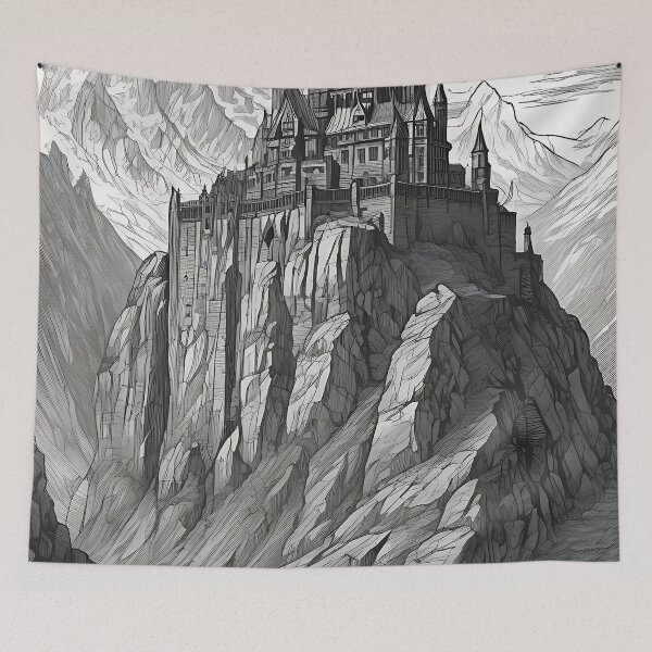 Item preview, Gothic Mountain Citadel Castle Cliff Vintage Engraving designed and sold by DarkOriginArts.