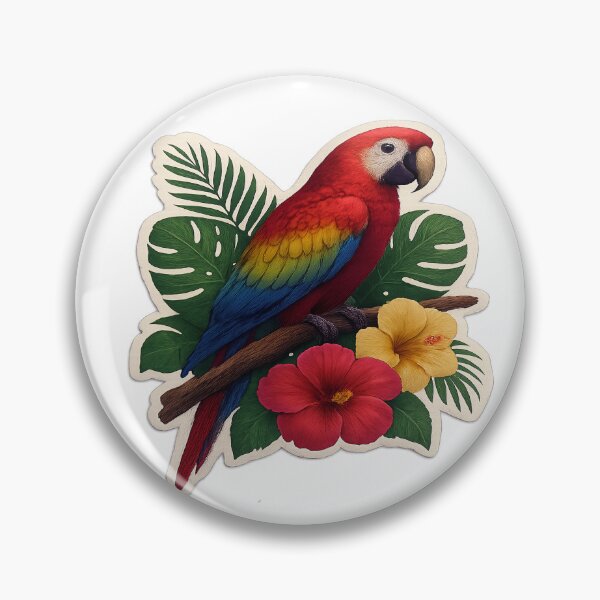 Item preview,  Vibrant Scarlet Macaw Parrot Perched On Tropical Branch With Hibiscus Flowers designed and sold by ARTCREATESHOP.