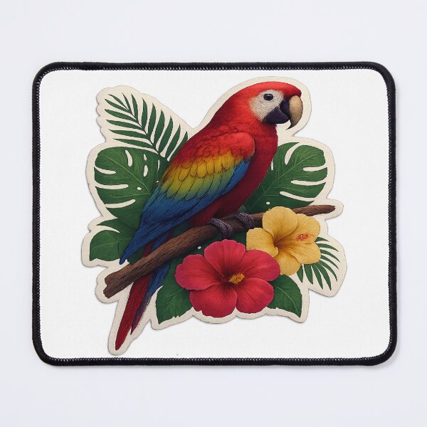 Item preview,  Vibrant Scarlet Macaw Parrot Perched On Tropical Branch With Hibiscus Flowers designed and sold by ARTCREATESHOP.