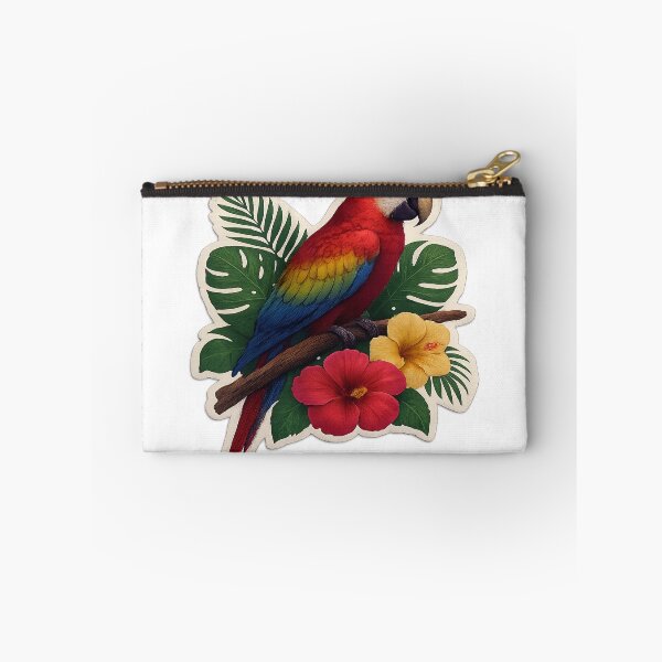 Item preview,  Vibrant Scarlet Macaw Parrot Perched On Tropical Branch With Hibiscus Flowers designed and sold by ARTCREATESHOP.