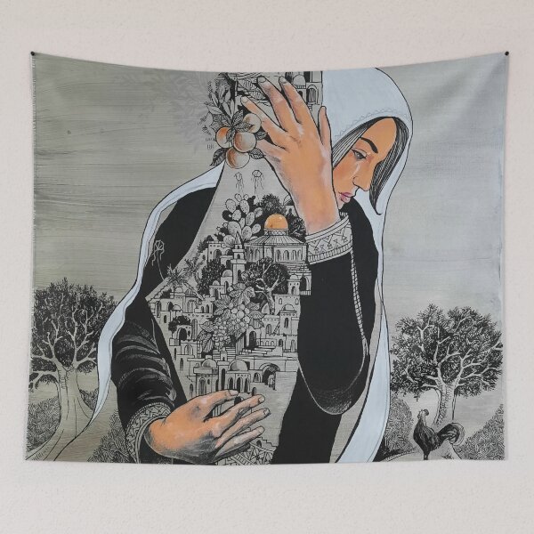 Item preview, Palestinian Woman Protecting the Land of Palestine Painting designed and sold by Hurriyyatee.