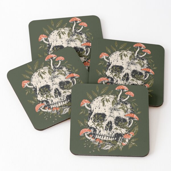 Item preview, Vintage Skull with Red Mushrooms and Forest Leaves designed and sold by bosamji.