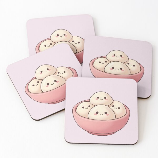 Item preview, Four Cute Kawaii Dumplings in Pink Bowl – Pastel Food Illustration designed and sold by EmeraldeaArt.