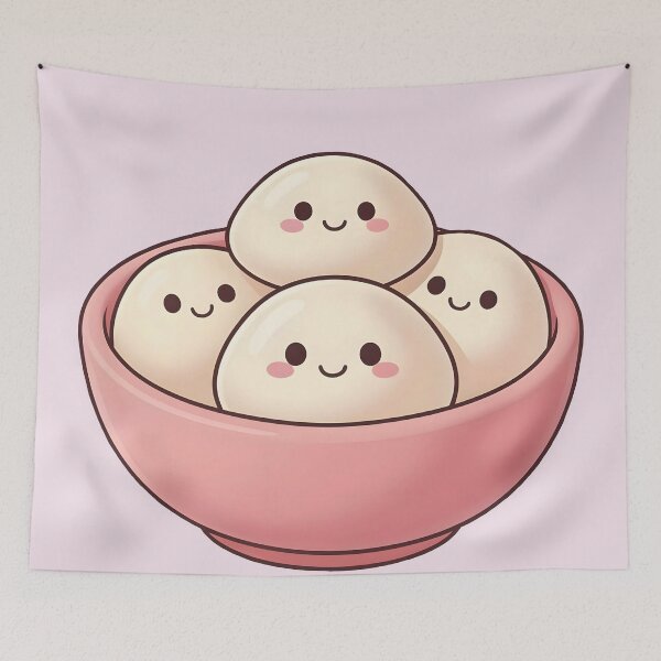 Item preview, Four Cute Kawaii Dumplings in Pink Bowl – Pastel Food Illustration designed and sold by EmeraldeaArt.