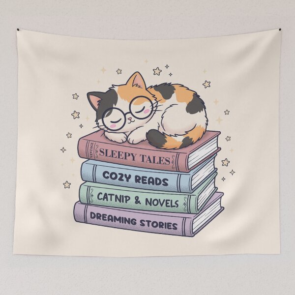 Item preview, Cozy Sleeping Calico Cat on Book Stack Sleepy, Tales Bibliophile Gift Idea designed and sold by Juka-Arts-CC.