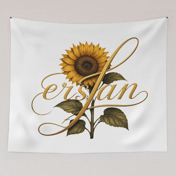 Item preview, Elegant Golden Sunflower Ersan Monogram – Luxury Botanical Name Art on Black Background designed and sold by Joyfulfabric.
