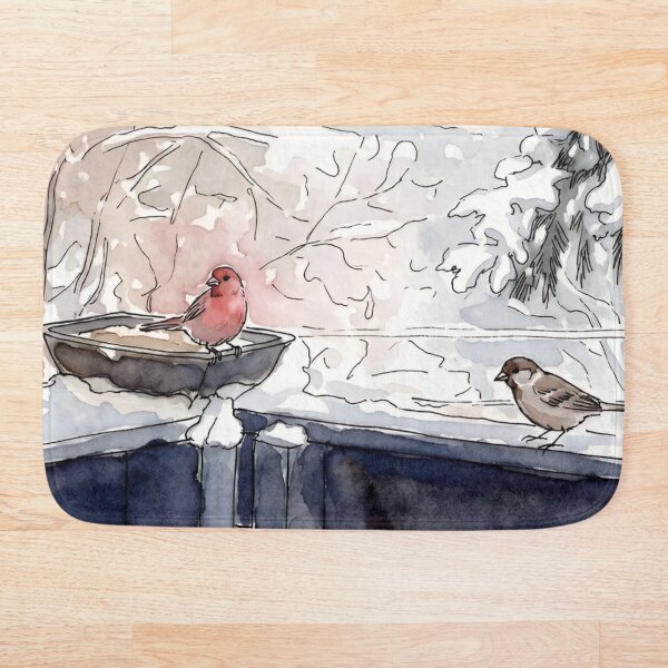 Aperçu de l'œuvre Oiseaux d'hiver sur la rambarde – Dessin à l'encre et à l'aquarelle créée et vendue par Debbie Schulte.