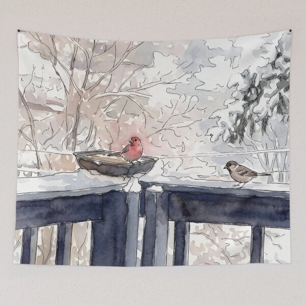 Item preview, Winter Birds on the Railing – Pen & Watercolor Art designed and sold by Debbie Schulte.