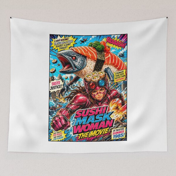 Item preview, Sushi Mask Woman Comic Book Cover Art: Giant Salmon Sushi Monster Parody designed and sold by Surreal Characters & Cute Pups.