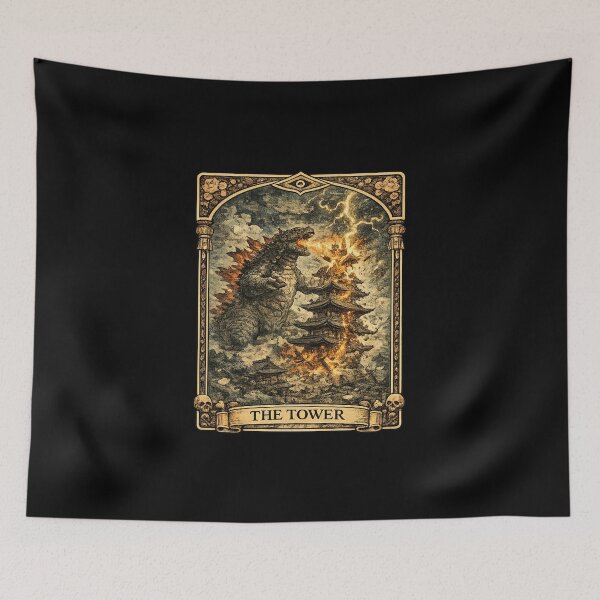 Item preview, The Tower Tarot Card Kaiju Giant Monster Japanese Retro Art designed and sold by YokaiInk.