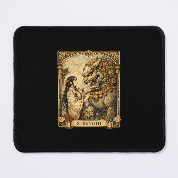 Item preview, Strength Tarot Card Komainu Lion Dog Japanese Shrine Maiden designed and sold by YokaiInk.