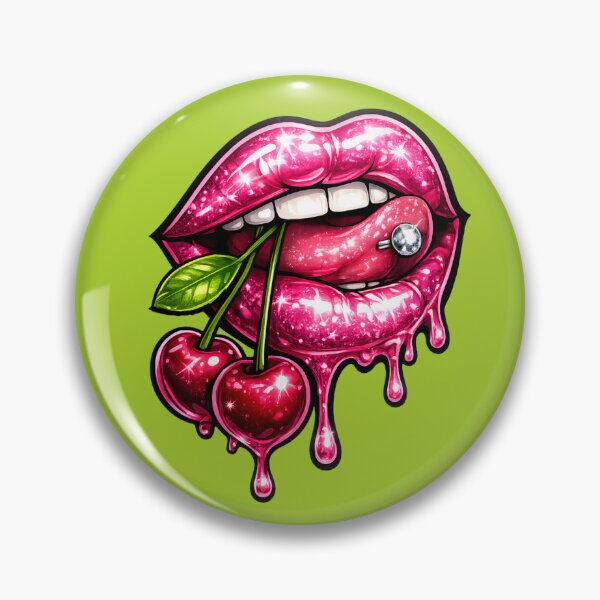 Artikelvorschau, Glänzende, knallpinke Lippen mit Kirschen und Zungenpiercing – Y2K Glam Tattoo-Ästhetik entworfen und verkauft von LunaSpellStudio.