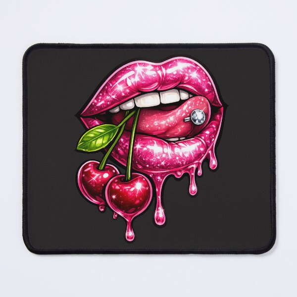 Item preview, GLOSSY HOT PINK DRIPPING LIPS WITH CHERRIES AND TONGUE PIERCING Y2K GLAM TATTOO AESTHETIC designed and sold by LunaSpellStudio.