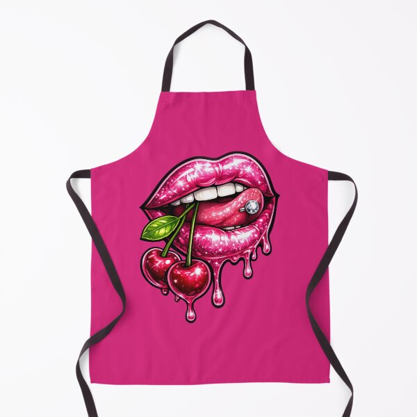 Item preview, GLOSSY HOT PINK DRIPPING LIPS WITH CHERRIES AND TONGUE PIERCING Y2K GLAM TATTOO AESTHETIC designed and sold by LunaSpellStudio.