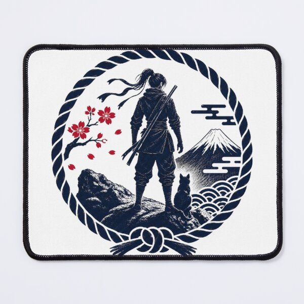 Item preview, Female Ninja & Cat Watching Mt. Fuji | Japanese Rope Circle Art designed and sold by Aguri-tei.