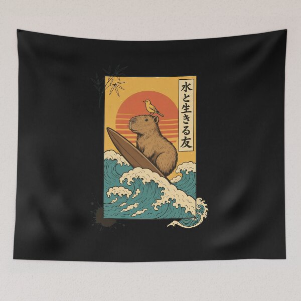 Item preview, Chill Capybara Surfing Japanese Wave Art designed and sold by folk-4-arts.