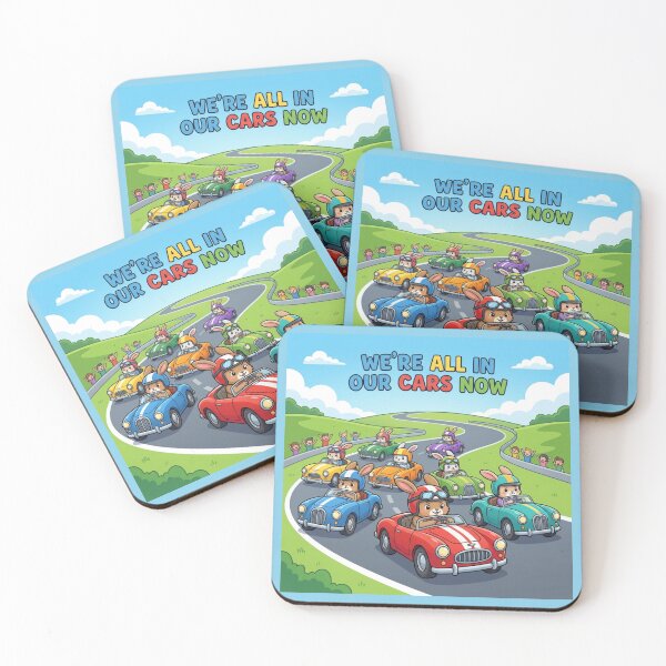 Item preview, We're All In Our Cars Now — Kawaii Racing Rabbit Road Trip Art Print designed and sold by Yasmine Mohammed.