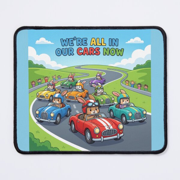Item preview, We're All In Our Cars Now — Kawaii Racing Rabbit Road Trip Art Print designed and sold by Yasmine Mohammed.