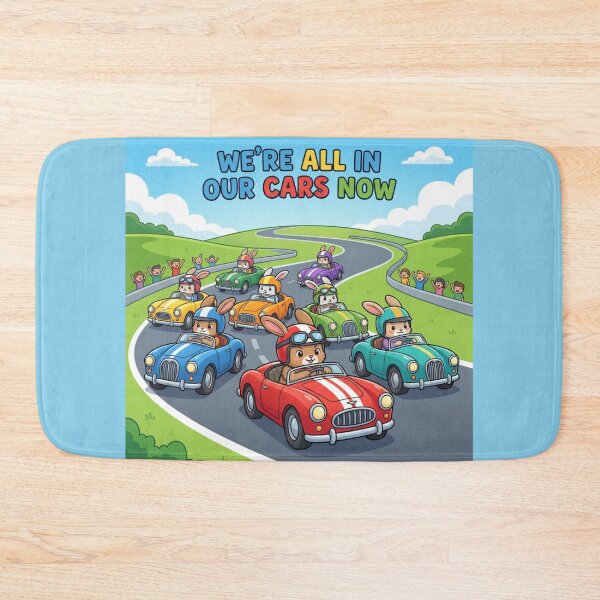 Item preview, We're All In Our Cars Now — Kawaii Racing Rabbit Road Trip Art Print designed and sold by Yasmine Mohammed.