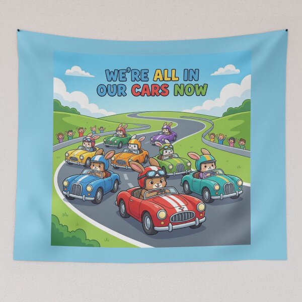 Item preview, We're All In Our Cars Now — Kawaii Racing Rabbit Road Trip Art Print designed and sold by Yasmine Mohammed.