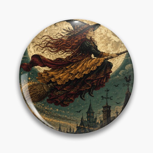 Item preview, Vintage Witch Flying Over Haunted Village Halloween Poster Tee designed and sold by POD DYNASTY.
