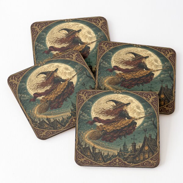 Item preview, Vintage Witch Flying Over Haunted Village Halloween Poster Tee designed and sold by POD DYNASTY.