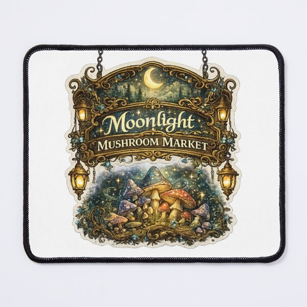 Item preview, Moonlight Mushroom Market | Enchanted Fantasy Merchant Sign | Cottagecore Mushroom Art designed and sold by MrDev.