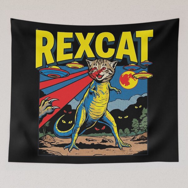 Item preview, Rexcat Attack Funny T-Rex Cat with Laser Eyes and UFOs designed and sold by Kitkin.