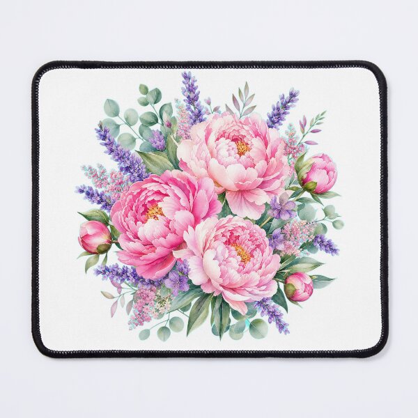 Artikelvorschau, Romantischer Aquarellstrauß aus rosa Pfingstrosen und Lavendel entworfen und verkauft von DeepRedBubble.