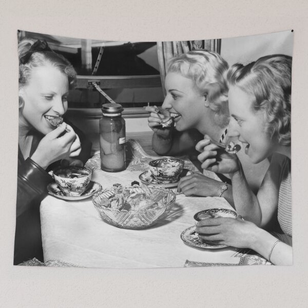 Item preview, Women Eating Pasta, Vintage Black and White Old Photo designed and sold by modernretro.