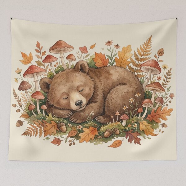 Item preview, Sleeping Bear Cub Autumn Mushrooms Cottagecore Forest designed and sold by CalmCapy Co.