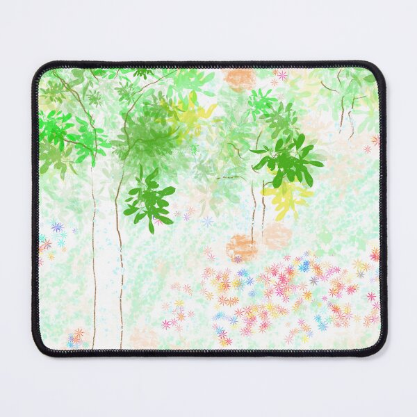 Item preview, Fantasy enchanted forest backdrop with green trees and glowing splatters designed and sold by AjjimaJKM.